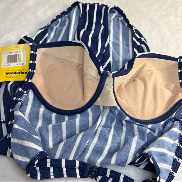 VINTAGE WONDERBRA 90s Navy & White Stripes One Piece Swim Suit Size 10 NWT - Picture 14 of 16
